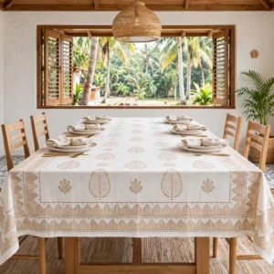 Thick Textured Cotton Table Cover - 6 Seater - Golden Print